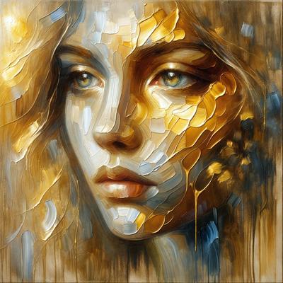 The primary subject of the image is a woman with long hair. She is the main focus of the image, and her face is the center of attention. The setting is a painting, which is a form of digital art. The visual style is artistic and creative, with the woman's face being the main subject of the painting. The colors and mood of the painting are warm and inviting, with the woman's face being the main point of interest.